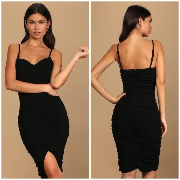 Lulu’s Boldest Babe Black Sparkly Ruched Bustier Bodycon Dress - Picture 2 of 12